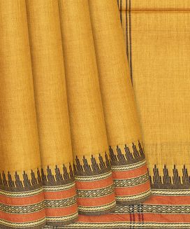 Yellow Handwoven Tussar Silk Saree With Temple Border
