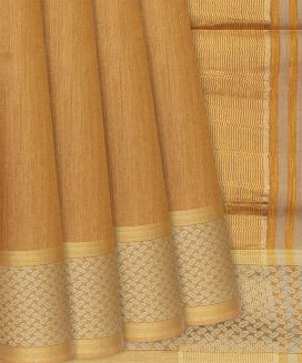Mustard Handwoven Tussar Silk Saree With Striped Pallu
