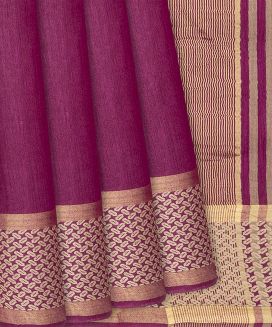 Magenta Handwoven Tussar Silk Saree With Striped Pallu
