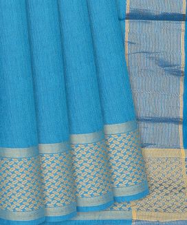 Cyan Handwoven Tussar Silk Saree With Striped Pallu
