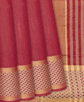 Crimson Handwoven Tussar Silk Saree With Striped Pallu
