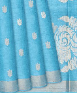 Turquoise Handwoven Tussar Silk Saree With Floral Buttas
