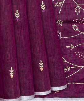 Magenta Handloom Linen Saree With Leaf Embroidery

