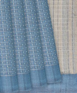 Light Blue Handloom Tussar Silk Saree With Checks
