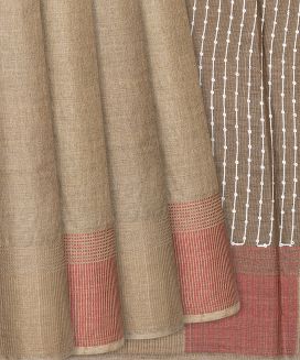 Taupe Woven Tussar Silk Saree With Striped Border
