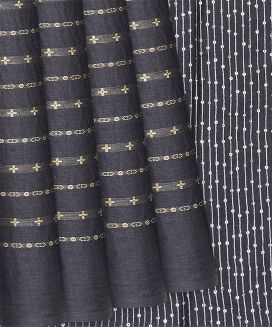 Dark Grey Woven Tussar Silk Saree With Cross Motif Stripes
