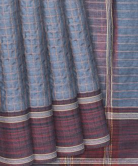 Grey Woven Tussar Silk Saree With Dotted Checks
