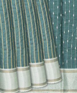 Shadow Green Woven Tussar Silk Saree With Dotted Stripes

