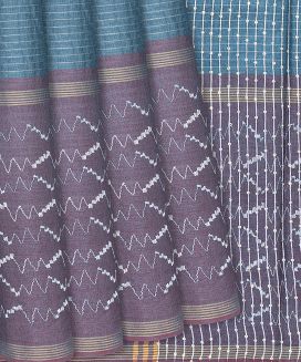 Blue Handwoven Tussar Silk Saree With Dotted Stripes
