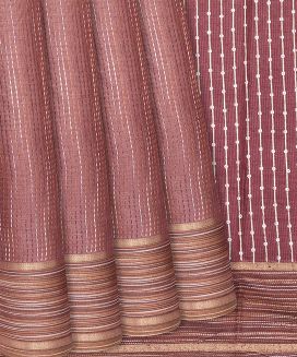 Dusty Pink Handwoven Tussar Silk Saree With Dotted Stripes
