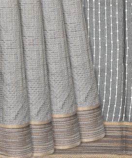 Grey Handwoven Tussar Silk Saree With Dotted Stripes
