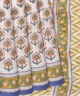 Off White Woven Jaipur Cotton Saree With Printed Floral Motifs
