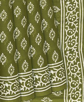 Sage Green Woven Jaipur Cotton Saree With Printed Floral Motifs
