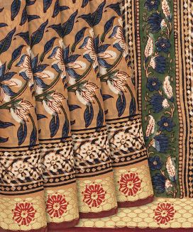 Light Peach Woven Jaipur Cotton Saree With Printed Floral Motifs
