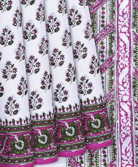 White Woven Jaipur Cotton Saree With Printed Pink Motifs
