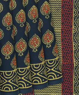 Navy Blue Woven Jaipur Cotton Saree With Printed Floral Motifs
