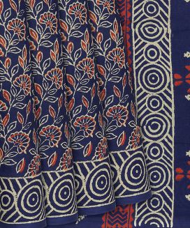Dark Blue Woven Jaipur Cotton Saree With Printed Floral Motifs
