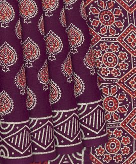 Burgundy Woven Jaipur Cotton Saree With Printed Floral Motifs
