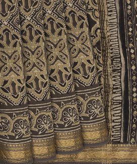 Dark Grey Handloom Chanderi Cotton Saree With Printed Floral Vine Motifs