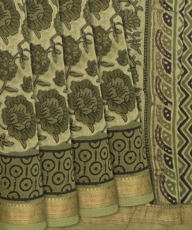 Sage Green Handloom Chanderi Cotton Saree With Printed Floral Vine Motifs
