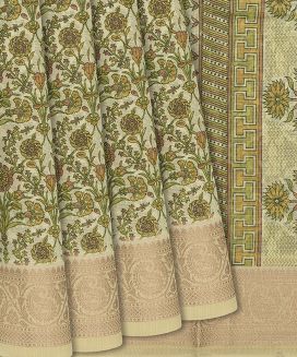 Light Green Handloom Chanderi Cotton Saree With Printed Floral Vine Motifs