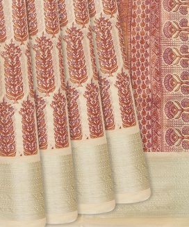 Cream Handloom Chanderi Cotton Saree With Printed Okra Motifs
