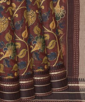 Maroon Handloom Tussar Silk Saree With Printed Peacock Motifs
