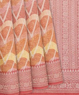 Peach Handwoven Printed Tussar Silk Saree With Chevron Motifs
