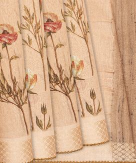 Dusty Pink Handloom Printed Linen Saree With Flower Motifs
