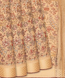 Light Peach Handloom Printed Linen Saree With Flower Motifs
