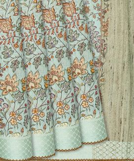 Aquamarine Handloom Linen Saree With Printed Floral Motifs
