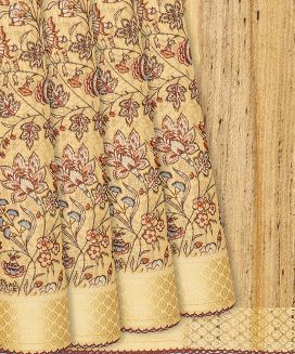 Sandal Handloom Linen Saree With Printed Floral Motifs
