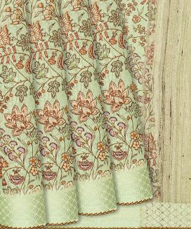 Pista Green Handloom Linen Saree With Printed Floral Motifs
