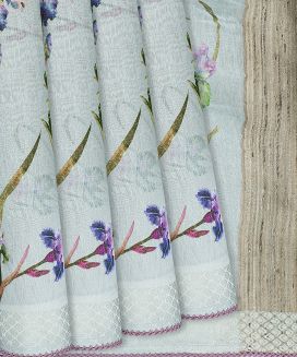 Light Blue Handloom Linen Saree With Printed Floral Motifs
