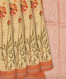 Yellow Handloom Linen Saree With Printed Floral Motifs

