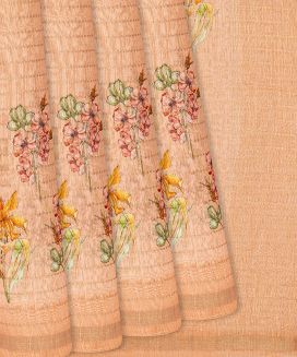 Light Peach Handloom Linen Saree With Printed Floral Motifs
