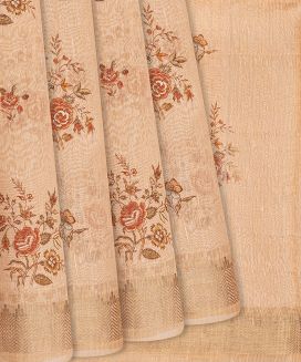 Baby Pink Handloom Printed Linen Saree With Rose Motifs
