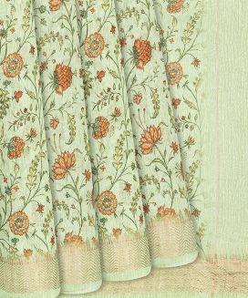 Mint Green Handloom Printed Linen Saree With Floral Motifs
