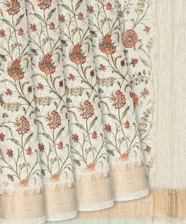 Off White Handloom Printed Linen Saree With Floral Motifs
