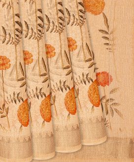 Cream Handloom Printed Linen Saree With Floral Motifs
