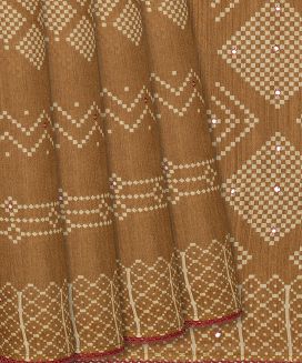 Brown Woven Tussar Silk Saree Printed With Chevron Motifs
