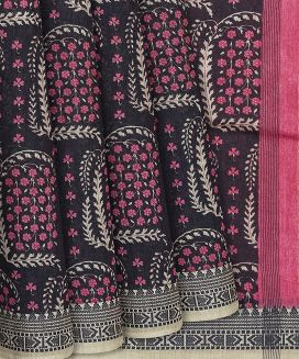 Black Woven Tussar Silk Saree Printed With Floral Motifs
