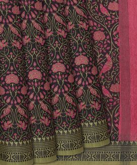 Black Woven Tussar Silk Saree Printed With Bird Motifs
