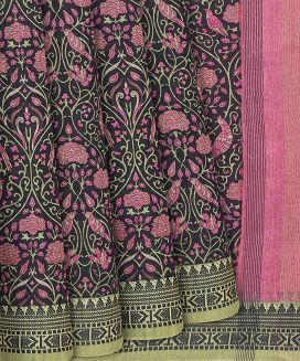 Black Woven Tussar Silk Saree Printed With Pink Bird Motifs

