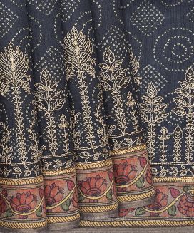 Dark Grey Handloom Tussar Silk Saree With Printed Dotted Motifs
