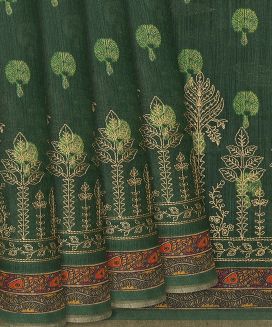 Dark Green Handloom Tussar Silk Saree With Printed & Embroidery Motifs

