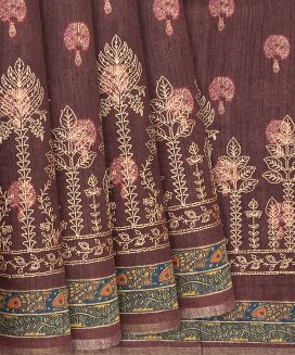 Rosy  Brown Handloom Tussar Silk Saree With Printed & Embroidery Motifs

