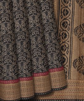Black Handwoven Printed Tussar Silk Saree With Bird Motifs

