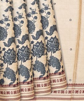 Light Peach Handwoven Printed Tussar Silk Saree With Floral Motifs
