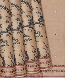Sandal Handwoven Printed Tussar Silk Saree With Bird Motifs
